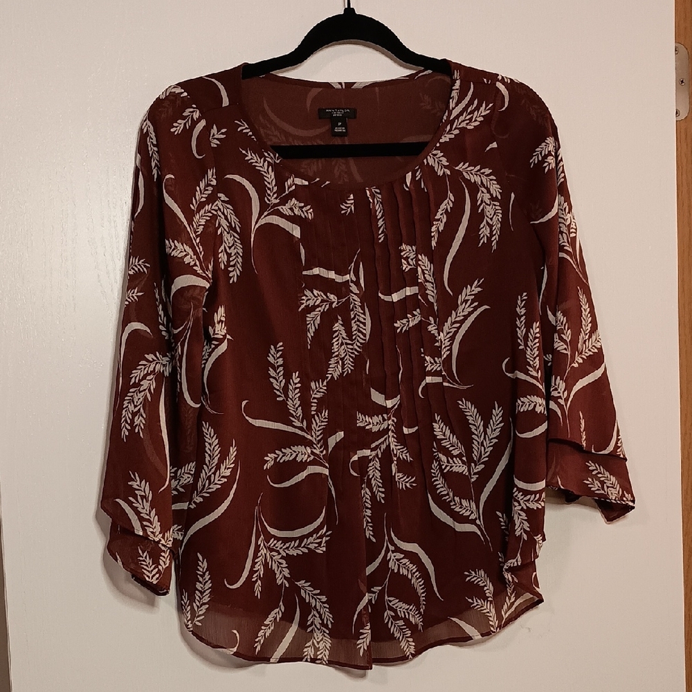 Ann Taylor Factory Rust and White Leaf Print Blouse